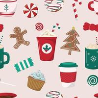 Hot winter drinks, sweets, and cookies seamless pattern on beige background. Coffee with cream, cocoa with marshmallows, cupcakes, donuts, and cookies. Holiday themed digital paper. vector