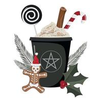 Creepy Christmas hot drink with skeleton cookie and branches illustration. Isolated on white background. Creepy Christmas illustration. vector