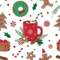 Cartoon winter drink and Christmas holiday bakery seamless pattern. Cocoa with marshmallow, donuts, candies, and cookies. Christmas holiday themed digital paper. Isolated on white background. vector