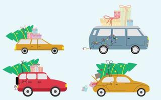 car on christmas day carrying christmas tree and gifts and lights for christmas tree decorations vector