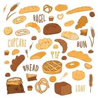 crisis food Drawing wholegrain and wheat bread, pretzel, muffin, pita bread, ciabatta, croissant, bagel, toast bread, French baguette to decorate the bakery menu. Vector illustration.