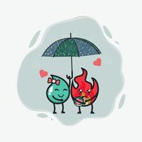 el agua ama la ilustración de vector de diseño de dibujos animados de fuego