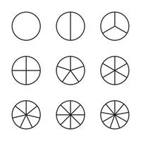 icono de gráfico de líneas de círculo fraccionario. relación y algunos iconos vectoriales lineales. la forma redonda de un pastel o una pizza se corta en porciones iguales. ilustración lineal de un gráfico de negocios simple o para la educación. vector