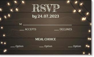 Wedding RSVP card dark wood texture and twinkling light rustic look vector