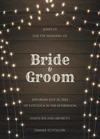 Wedding invitation light wood texture and string lights curtain rustic look vector