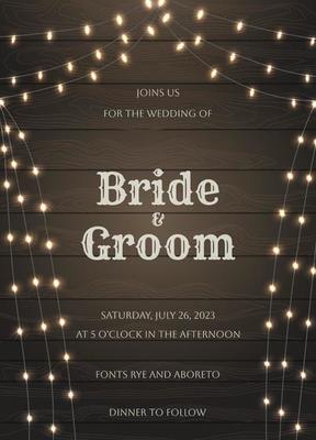 Wedding invitation light wood texture and string lights curtain rustic look