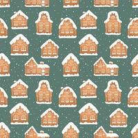 Seamless pattern of christmas gingerbread house cookies with snow on green background vector