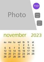 2023 wall calendar basic Design , hanging calendar .  Classic monthly calendar for 2023. Calendar in the style of minimalist square shape. The week starts on Sunday. vector
