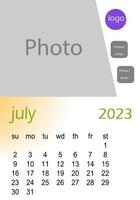 2023 wall calendar basic Design , hanging calendar .  Classic monthly calendar for 2023. Calendar in the style of minimalist square shape. The week starts on Sunday. vector