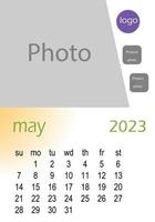 2023 wall calendar basic Design , hanging calendar .  Classic monthly calendar for 2023. Calendar in the style of minimalist square shape. The week starts on Sunday. vector