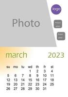 2023 wall calendar basic Design , hanging calendar .  Classic monthly calendar for 2023. Calendar in the style of minimalist square shape. The week starts on Sunday. vector