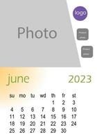 2023 wall calendar basic Design , hanging calendar .  Classic monthly calendar for 2023. Calendar in the style of minimalist square shape. The week starts on Sunday. vector