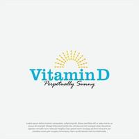 retro vintage concept, sun ray, Vitamin D icon with sun. Vitamin D3 yellow shining capsule. Beauty, nutrition skin care, pharmacy, diet Vector illustration