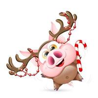 Funny cute happy cartoon pig in deer costume with deer horns headband and red Christmas beads garland. Isolated vector