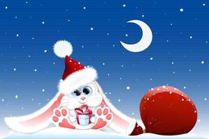 Cute white fluffy rabbit in Santa hat with gift box sitting under snowfall with Santa bag vector