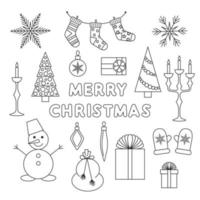 Vector illustration. A collection of Merry Christmas icons in the style of line art