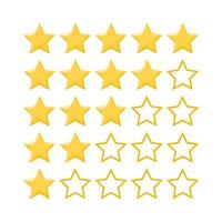 5 yellow stars in a row. Stars to display the rating of sites on the Internet. Five star rating icons on white background. Vector illustration.