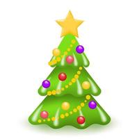 Christmas decorated tree. Green pine or fir tree with golden star, balls and garland isolated on white background. Merry Christmas and Happy New Year. Vector illustration.