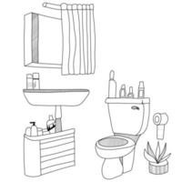 boceto conjunto de muebles de baño. interiores en blanco y negro. vector