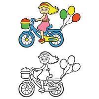 niña feliz montando en bicicleta. vector negro y página para colorear para niños