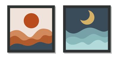 conjunto de fondo boho de arte de pared moderno con montañas de sol y luna vector