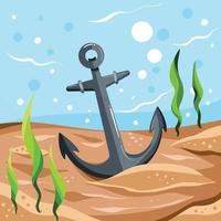 Anchor made from steel sinking in the bottom of the ocean sand vector illustration. Under the sea with sand, seaweed, and sea bubbles decoration. Cartoon styled art style flat square drawing.