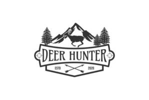 Deer hunting badge logo with a combination of mountain vector