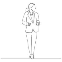 mujer de negocios de dibujo de línea continua mientras lleva una taza de café ilustración de arte de línea vectorial vector