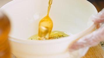 Sauce ranch arranged in a transparent bowl. Macro shooting video