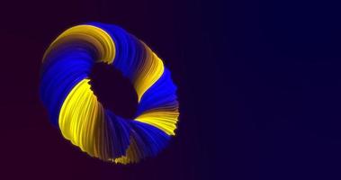 Abstract looped beautiful three-dimensional multi-colored luminous yellow-blue twisting ring 3d and lines on a dark background photo