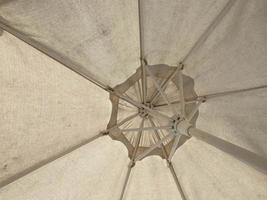 Sun parasol under coconut trees against blue sky on a very hot day photo