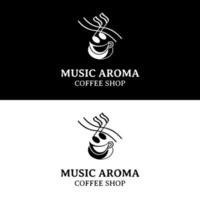 aroma de taza y notas musicales para cafetería retro vintage y diseño de logotipo de cafetería de música en vivo vector