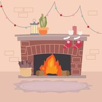 hygge fireplace with christmas ornament vector
