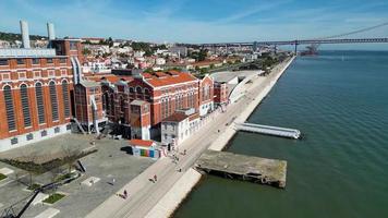 Aerial drone view of cityscape of Lisbon, Portugal. Tagus Tejo river with EDP Electricity Museum and MAAT - Museum of Art, Architecture and Technology in the background. Digital Nomad World. video