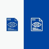 archivo texto ojo computación línea y glifo sólido icono azul banner vector