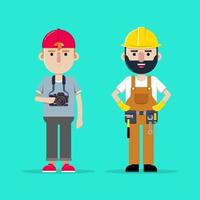 Vector illustration of a cartoon character with different professions, a builder and a photographer.