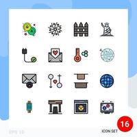 Set of 16 Vector Flat Color Filled Lines on Grid for computers statue barricade of landmarks Editable Creative Vector Design Elements