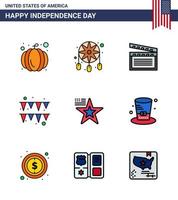 Pack of 9 creative USA Independence Day related Flat Filled Lines of usa american movis star garland Editable USA Day Vector Design Elements