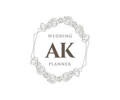 colección de logotipos de monograma de boda con letras iniciales ak, plantillas florales y minimalistas modernas dibujadas a mano para tarjetas de invitación, guardar la fecha, identidad elegante para restaurante, boutique, café en vector