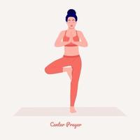 pose de yoga de oración central. mujer joven practicando ejercicio de yoga. mujer entrenamiento fitness, aeróbicos y ejercicios. vector