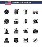 conjunto de 16 iconos del día de estados unidos símbolos americanos signos del día de la independencia por dinero botella de estados unidos gafas de sol americanas elementos de diseño vectorial editables del día de estados unidos vector