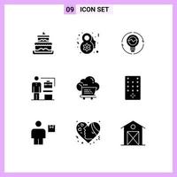 Universal Icon Symbols Group of 9 Modern Solid Glyphs of shopping achieve generation accomplished lightbulb Editable Vector Design Elements