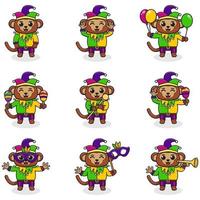 Vector illustration Monkey wearing mardi gras clothes in different poses isolated on white background. A cartoon illustration of a Mardi Gras Monkey . Mardi Gras jester, set.