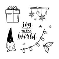 Set of hygge and christmas cozy elements. Joy to the world lettering sign. Winter elements for greeting cards, posters, stickers and seasonal design. Isolated on white background. Winter decorations vector