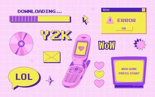 y2k trendy set of objects, old computer interface, retro pc elements, 1990s 2000s style, flip phone, cd disk, old television, pixel heart, nostalgia, vector illustration