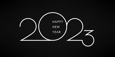 2023 and Happy New Year. White lettering on black background. Holiday postcard in minimalist style. Vector illustration