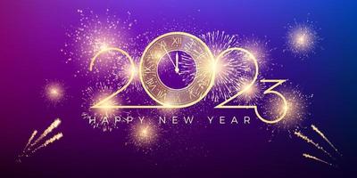 2023 Happy New Year. Gold numbers and festival clock. Celebration and firework explosion in night holiday sky. Vector illustration