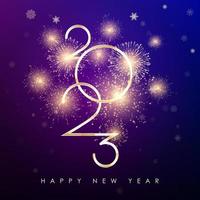 feliz año nuevo 2023. banner de año nuevo con fuegos artificiales de números dorados y fondo de color azul y morado vector