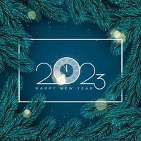 Happy New 2023 Year. Holiday background with white frame and fir tree branches and lights.  Vector illustration