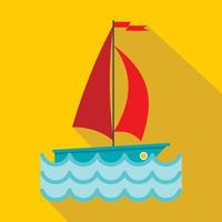 Yacht with red sails icon, flat style vector